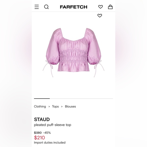 STAUD Lavender Pleated Puffy Sleeves Faye Blouse Top - Picture 11 of 11